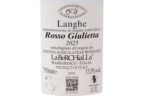 LANGHE ROSSO DOC PELAVERGA "ROSSO GIULIETTA" 2025 - OLEK BONDONIO