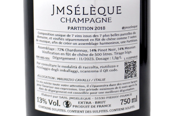 CHAMPAGNE EXTRA BRUT "PARTITION 7 PARCELLES" 2018 - J-M SÉLÈQUE