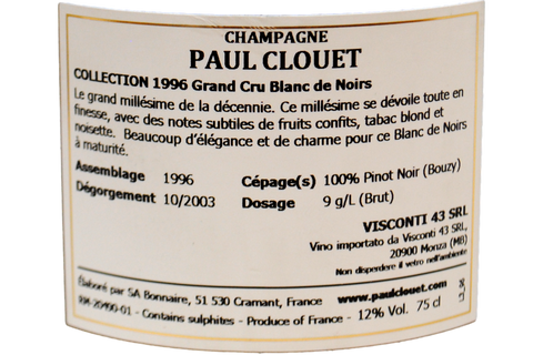 CHAMPAGNE BRUT GRAND CRU A BOUZY BLANC DE NOIRS 1996 (DEGORGEMENT 10/2003) - PAUL CLOUET