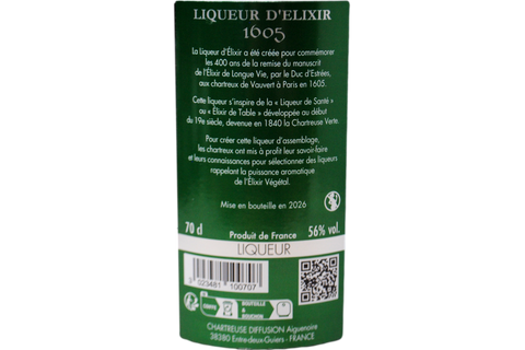 CHARTREUSE "LIQUEUR D'ELISIR 1605" 56° 70cl - CHARTREUSE