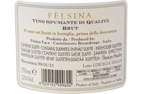 SPUMANTE METODO CLASSICO BRUT SBOCCATURA TARDIVA 10 ANNI SUI LIEVITI - SPUMANTE METODO CLASSICO BRUT SBOCCATURA TARDIVA 10 ANNI SUI LIEVITI - FÈLSINA