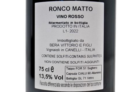 VINO ROSSO "RONCO MATTO" 2022 - BERA VITTORIO E FIGLI