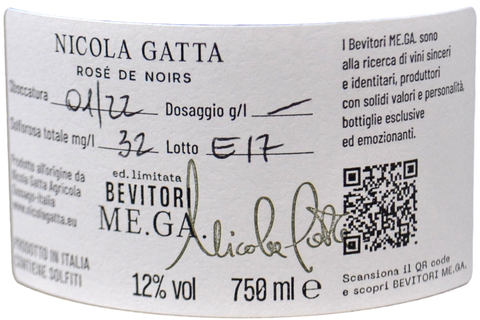 VINO SPUMANTE R.D. "ME.GA." ROSE' DE NOIRS NATURE 88 LUNE  - NICOLA GATTA