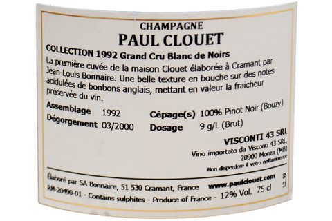 CHAMPAGNE BRUT GRAND CRU A BOUZY BLANC DE NOIRS 1992 (DEGORGEMENT 03/2000) - PAUL CLOUET