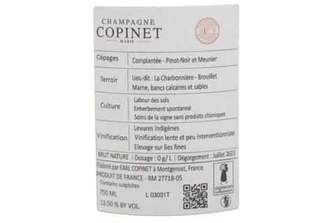 CHAMPAGNE BIOLOGICO BRUT NATURE "LA TERRE COMPLANTÉE" - MARIE COPINET