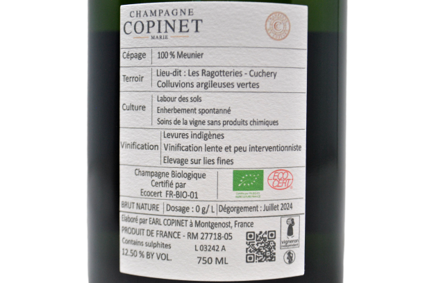 CHAMPAGNE BIOLOGICO BRUT NATURE "ARGILE" 100% MEUNIER - MARIE COPINET