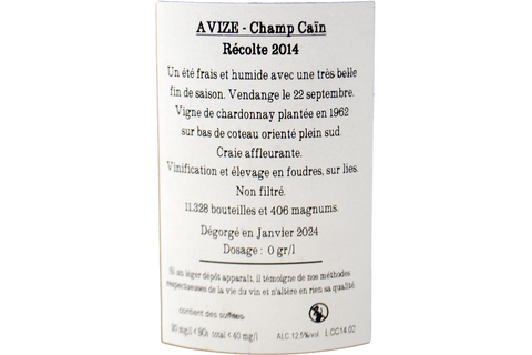 CHAMPAGNE EXTRA BRUT BLANC DE BLANCS A AVIZE “CHAMP CAÏN” 2014 - JACQUESSON