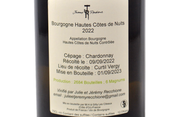 BOURGOGNE HAUTES CÔTES DE NUITS BLANC 2022 -  JÉRÉMY RECCHIONE