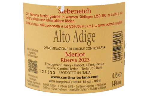 ALTO ADIGE MERLOT RISERVA DOC "SIEBENEICH" 2023 - KELLEREI TERLAN