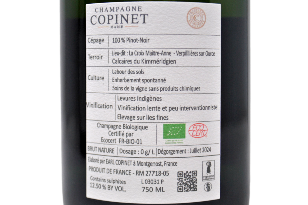 CHAMPAGNE BIOLOGICO BRUT NATURE "LA PIERRE" 100% PINOT NOIR - MARIE COPINET