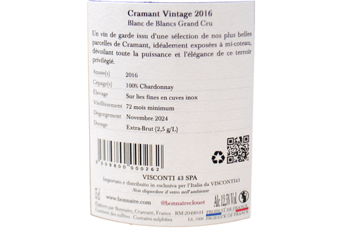 CHAMPAGNE GRAND CRU BLANC DE BLANCS EXTRA BRUT CRAMANT VINTAGE 2016 - BONNAIRE