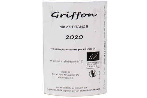 VALLE DEL RODANO V.D.F. ROUGE BIODINAMICO "GRIFFON" 2020  - MAS THÉO LAURENT CLAPIER