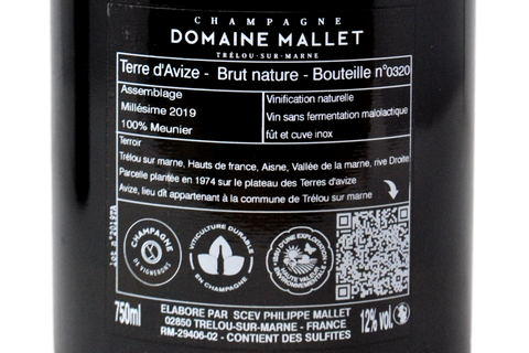 CHAMPAGNE PARCELLAIRE BRUT NATURE 100% MEUNIER "TERRE D'AVIZE" 2019 - DOMAINE MALLET