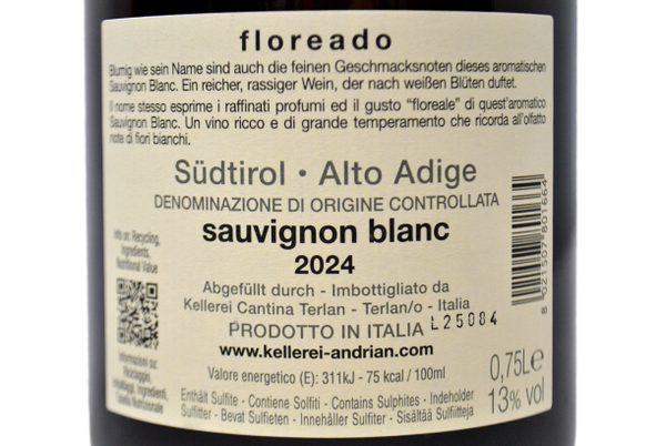 TYROL DU SUD DOC SAUVIGNON BLANC "FLOREADO" 2020 - KELLEREI ANDRIAN