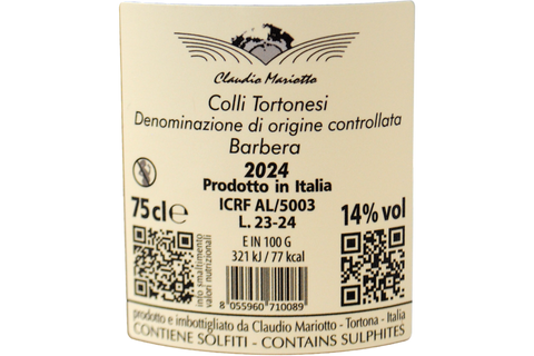 BARBERA COLLI TORTONESI DOC "TERRITORIO" 2024 - CLAUDIO MARIOTTO