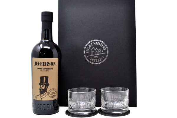 AMARO IMPORTANTE JEFFERSON 1871 TAILOR MADE PACK CON BICCHIERI E SOTTOBICCHIERI - VECCHIO MAGAZZINO DOGANALE
