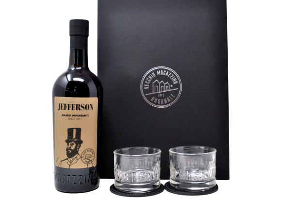 AMARO IMPORTANTE JEFFERSON 1871 TAILOR MADE PACK CON BICCHIERI E SOTTOBICCHIERI - VECCHIO MAGAZZINO DOGANALE
