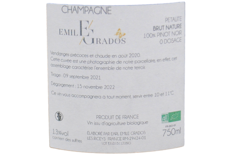 CHAMPAGNE BIO BRUT NATURE BLANC DE NOIRS "PÉTALITE" 2020 - ÉMILE GRADOS