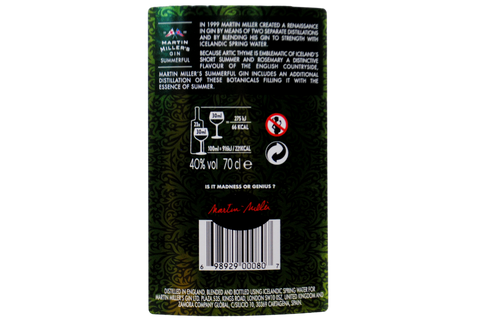 LONDON DRY GIN DISTILLED IN ENGLAND WITH ROSEMARY AND ARTIC THYME "SUMMERFUL" - MARTIN MILLER'S
