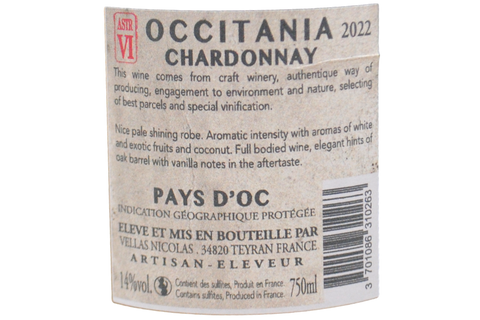OCCITANIA PAYS D'OC IGP CHARDONNAY 2022 LIMITED EDITION "ASTR VI" - VIGNOBLES VELLAS