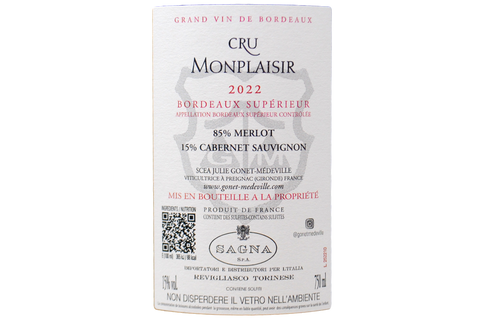 BORDEAUX SUPÉRIEUR "CRU MONPLAISIR" 2022 - JULIE GONET-MÉDEVILLE