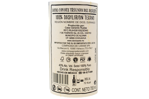 SOTOL BLANCO PURO 100% DASYLIRION TEXANO "TRIUNFO DEL DESIERTO DURANGO" - CLAN COYOTE