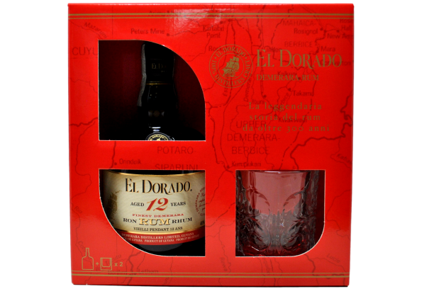 RUM AGED 12 YEARS FINEST DEMERARA "EL DORADO" 0,70 L PACK ESCLUSIVO CON BICCHIERI- DEMERARA DISTILLERS (Copia)