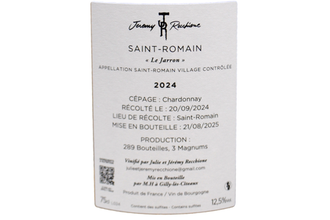 BOURGOGNE SAINT ROMAIN "LE JARRON" 2024 (289 BOTTIGLIE PRODOTTE) - JÉRÉMY RECCHIONE