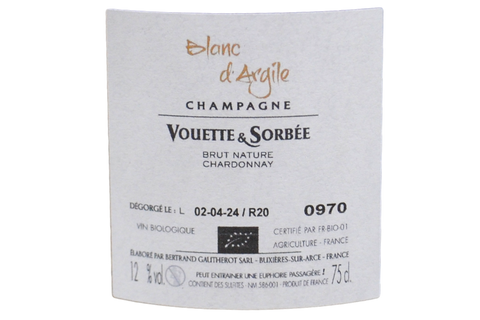 CHAMPAGNE BIO BLANC DE BLANCS BRUT NATURE "BLANC D'ARGILE" - VOUETTE & SORBÉE
