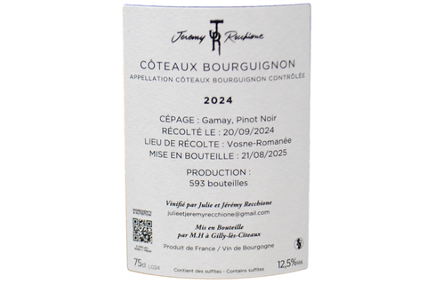 CÔTEAUX BOURGUIGNON ROUGE 2024 (593 BOTTIGLIE PRODOTTE) - JÉRÉMY RECCHIONE