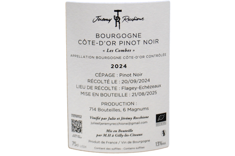 BOURGOGNE CÔTE-D'OR PINOT NOIR "LES COMBES" 2024 (714 BOTTIGLIE PRODOTTE) - JÉRÉMY RECCHIONE