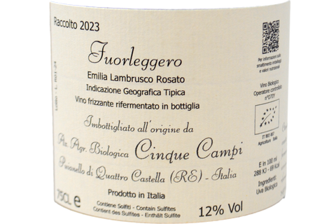 EMILIA LAMBRUSCO ROSATO IGT FRIZZANTE BIO "FUORLEGGERO" 2023 - AZIENDA AGRICOLA CINQUE CAMPI