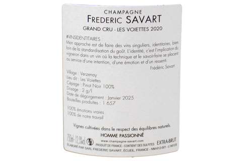 CHAMPAGNE EXTRA BRUT BLANC DE NOIRS VERZENAY GRAND CRU LIEU-DIT "LES VOIETTES" 2020 - FREDERIC SAVART