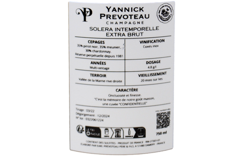 CHAMPAGNE EXTRA BRUT SOLERA "INTEMPORELLE" RESERVE PERPETUELLE DEPUIS 1981 - YANNICK PREVOTEAU