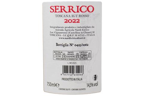 TOSCANA IGT ROSSO "SERRICO" 2022 - NARDI VITICOLTORI (1062 BOTTIGLIE PRODOTTE TUTTE NUMERATE)