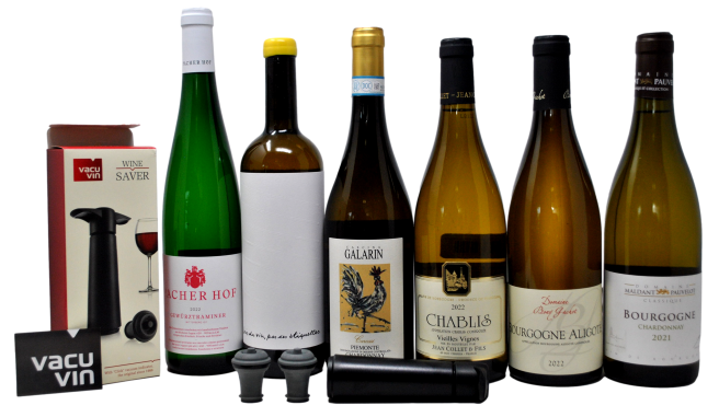 WHITE TASTING BOX "VIAGGIA CON NOI, ITALIA VS FRANCIA" - 6 BOTTIGLIE + VACUVIN IN OMAGGIO